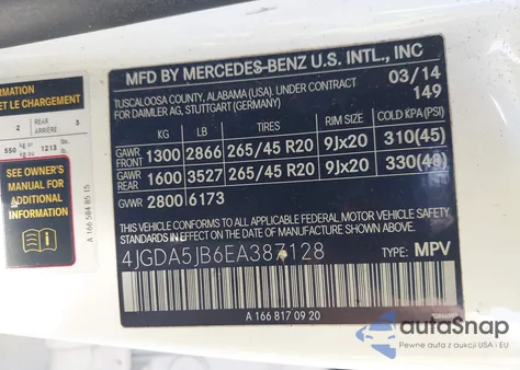 2014 Mercedes-Benz Ml 350 z USA, uszkodzony, nr VIN 4JGDA5JB6EA387128